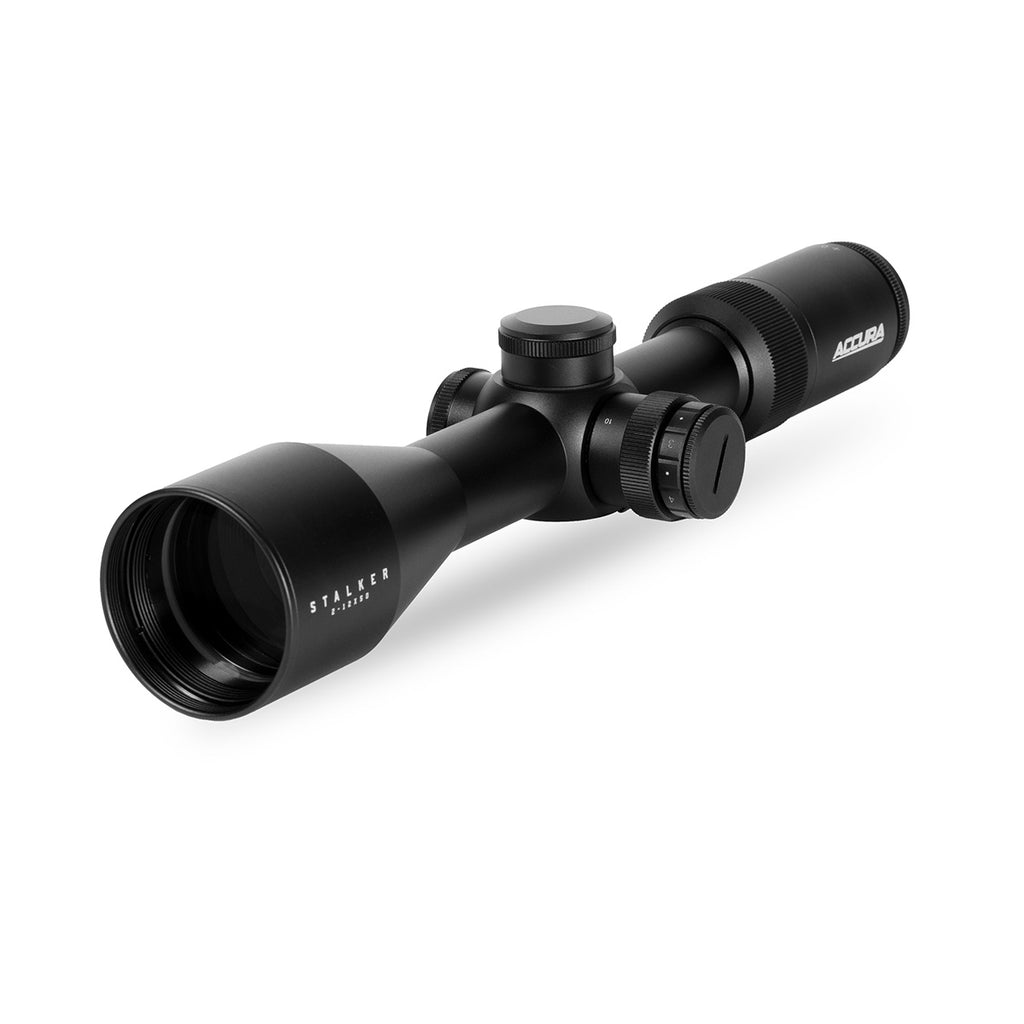 Accura Stalker riflescope showing nitrogen-purged construction and flip-open lens cap