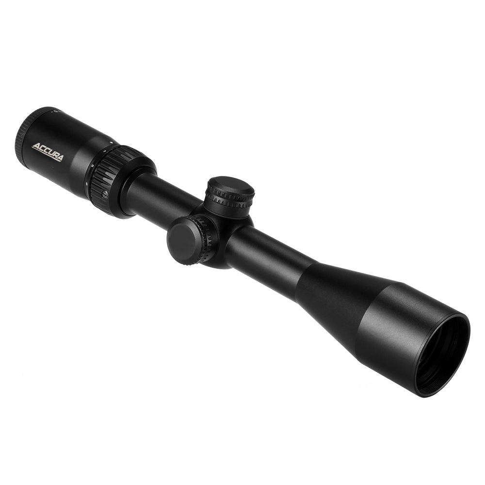 Accura Rapid 3-9x40 riflescope showing adjustable turrets and mounting rings included