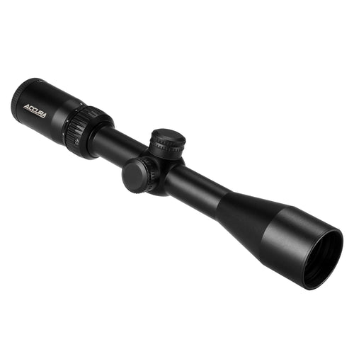 Accura Rapid 3-9x40 riflescope showing adjustable turrets and mounting rings included
