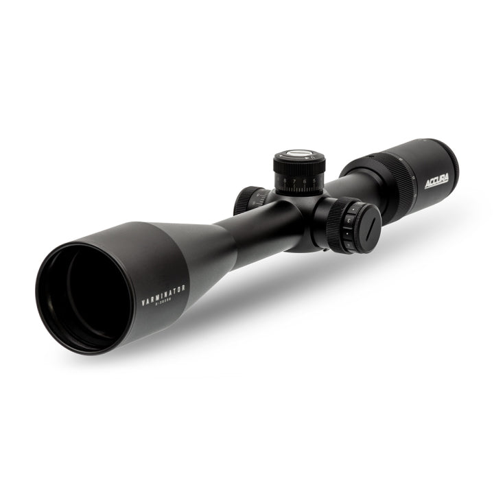  Accura Varminator riflescope showing pop-up exposed turrets and nitrogen-purged construction