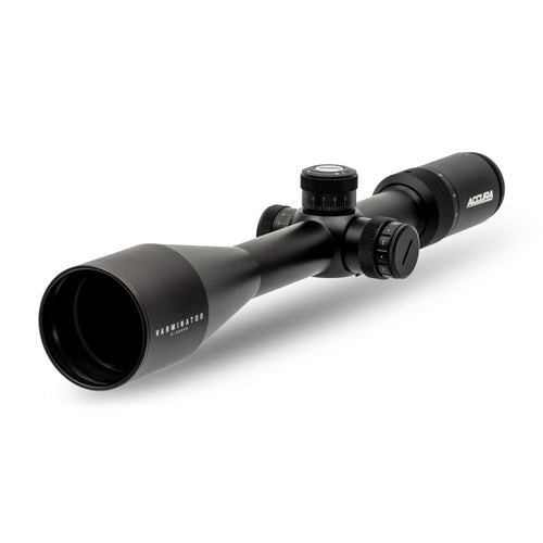  Accura Varminator riflescope showing pop-up exposed turrets and nitrogen-purged construction