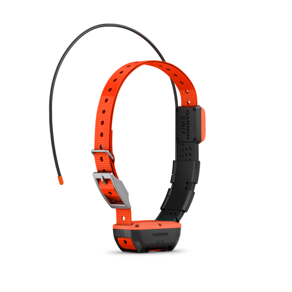 Garmin T20 GPS collar close-up showing LED beacon and slim design