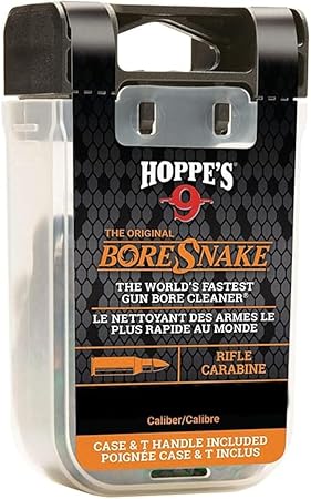 Hoppe's Boresnake gun bore cleaner with clear plastic casing on black background