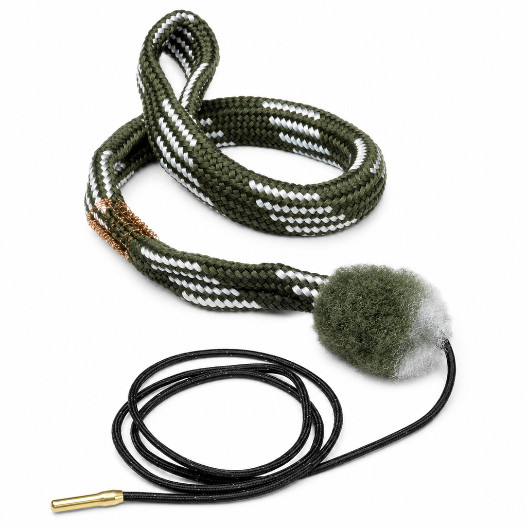 Rifle cleaning rope with a cleaning brush on a white background